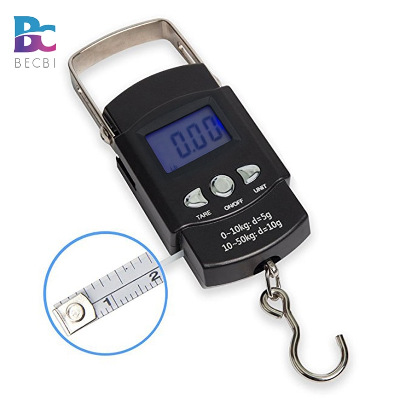 BECBI 110lb/50kg Electronic Weighing Scale Digital Fishing Postal Hanging Hook Scale with Measuring Tape Lcd scale