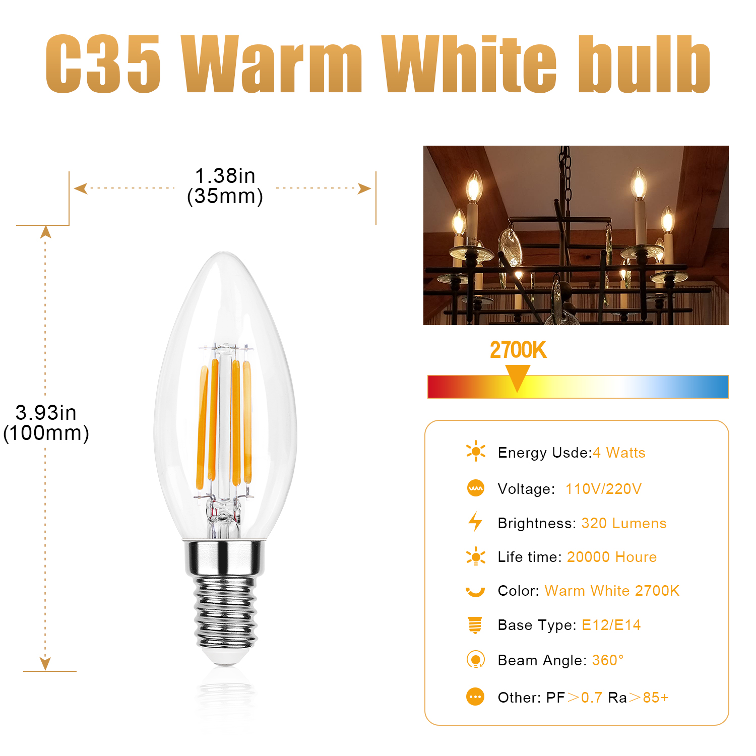 C35 4W E12 E14 candélabre ampoules LED 40 watts équivalent Dimmable 2700K blanc lustre ventilateur de plafond bougie ampoule