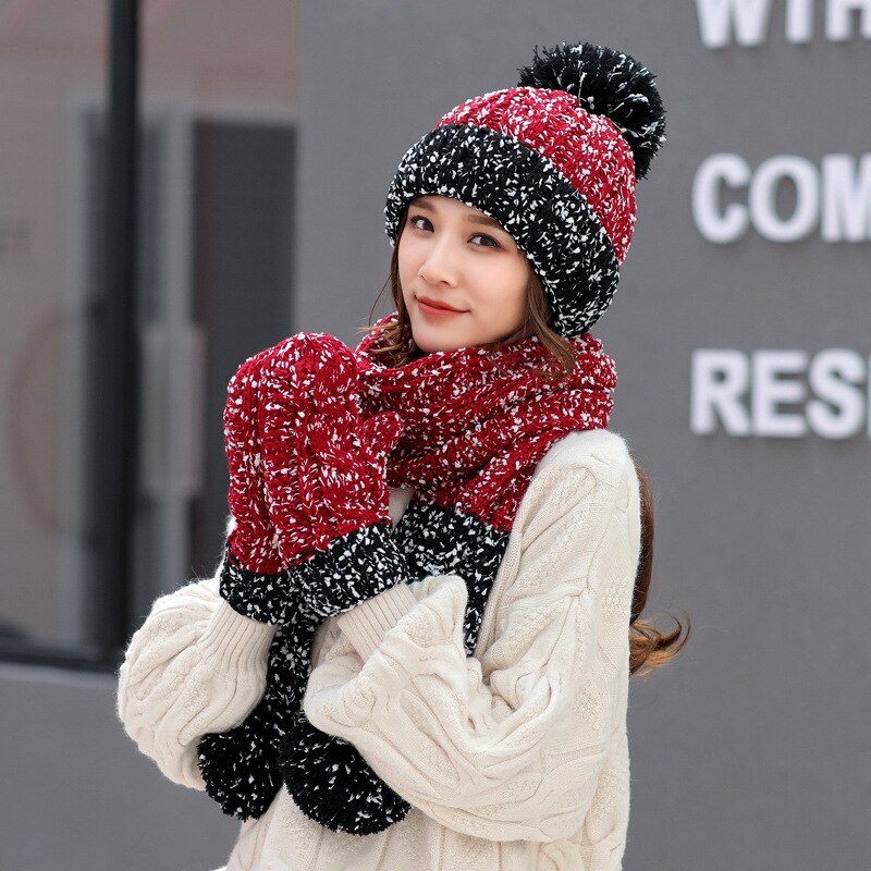 Drie Stuk Hoeden Sjaal Handschoenen Set Voor Vrouwen Hoed Herfst Winter Warm Mitten Pompom Gebreide Hoed Gilr Knit sjaal Sets