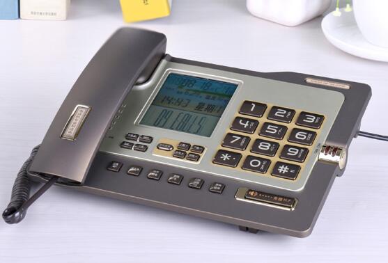Kontorstelefon med telefonsamtal med uppringnings-id / samtal väntar, högtalartelefon, svartlista, miniräknare med dubbla gränssnitt och väckarklocka