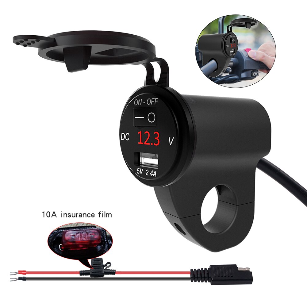 12v qc3.0 dubbele usb 2.4a motorfiets telefoonladers waterdicht super snel opladen met voltmeter schakelaar lijn motorfiets accessoires: Zwart