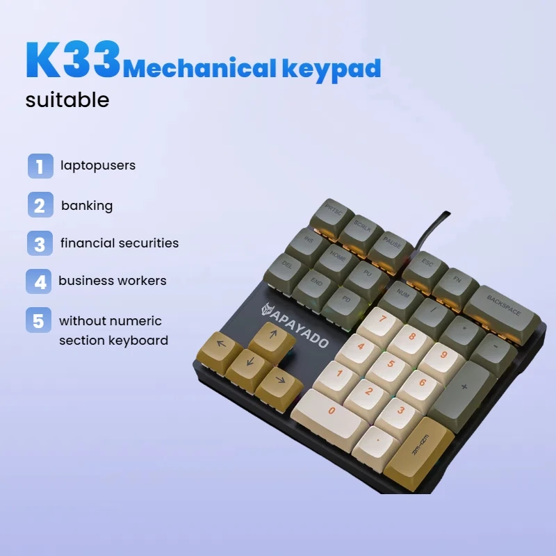 Apayado  k33 mekanisk numerisk tastatur med blå skaft, mini 33- -tasters pbt-tastehetter og livlige rgb-lys, skreddersydd for regnskap