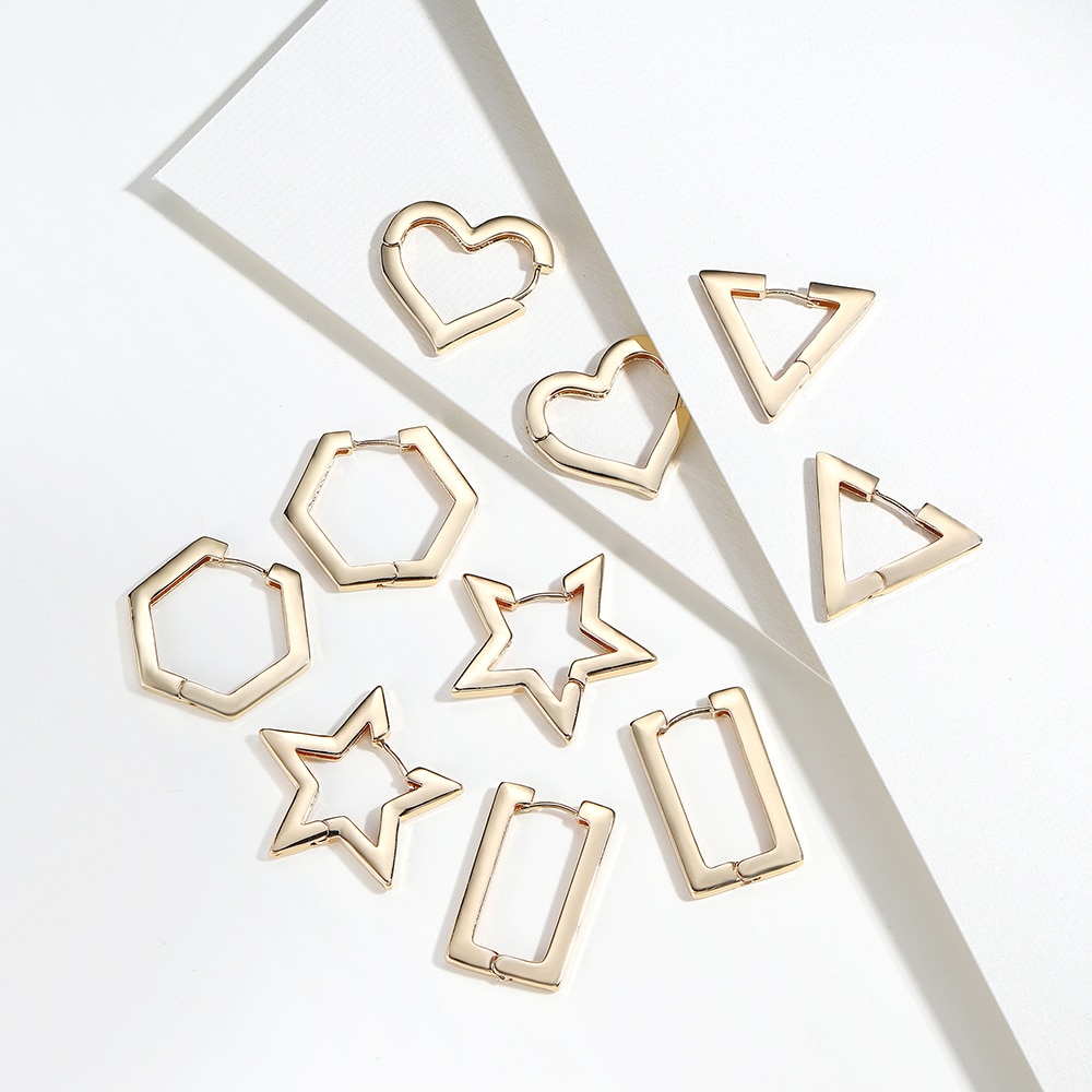 Minimalist Star Rectangle Triangle Geometric Hoop Earrings for Women Gold Color Copper Love Heart Hexagon Earrings Female