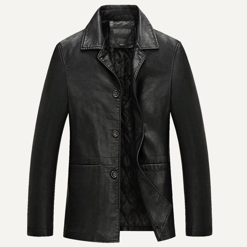 Zakelijke Lederen Jas Mannen Dikke Warme Liner Windbreaker Mens Pu Leren Jas Cadeau Vader Jaqueta Masculinas Plus Size M-4XL: Black / XXXL