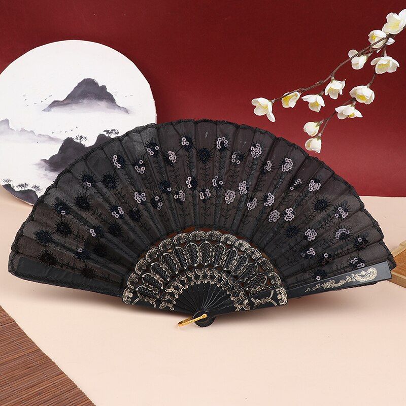Silk Fan Folding Fan Wedding Art Peacock Sequin Dancing Fan Hand Held Fan: BK