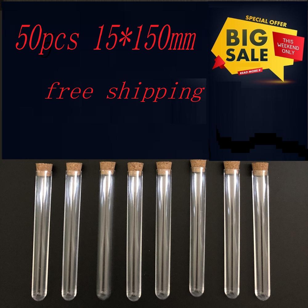 50pcs 15x150mm Clear Plastic test tubes with corks Plastic laboratory test round tube plug lab Transparent plastic tubes vial