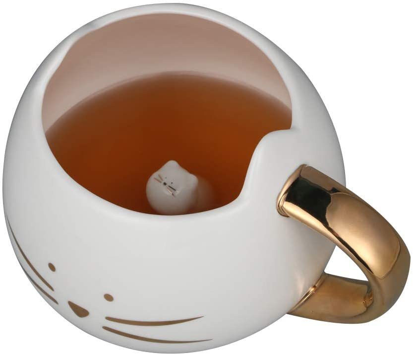 Cat Mug Cat Coffee Mug for Women Girls Cute Ceramic Meow Mugs for Cat Lover Tea Cup 12 oz White,Black: White Gold