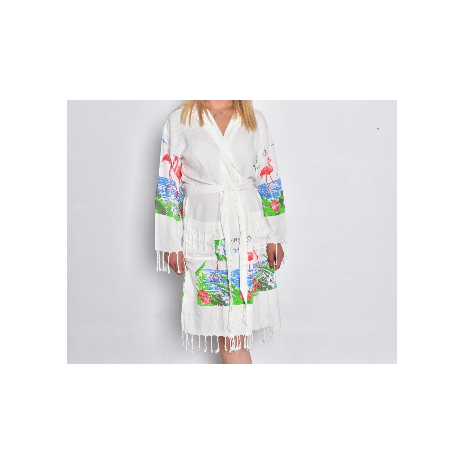 Acartekstil Flamingo Patterned Bamboo Peshtemal Bathrobe, Bathrobe for Woman, Beach Robe