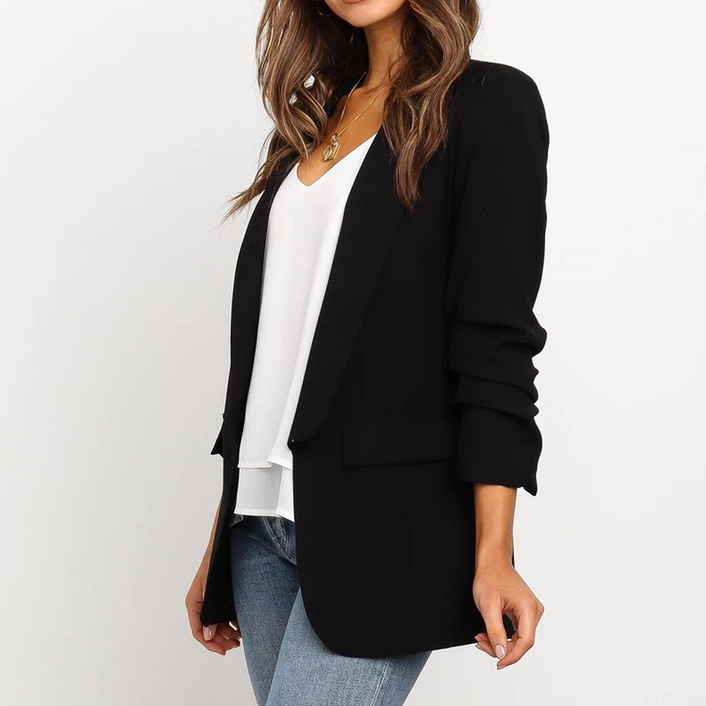 Chaqueta negra para mujer, Blazer Formal, traje de trabajo de oficina con bolsillos, abrigo, chaqueta negra ajustada para mujer # J30,