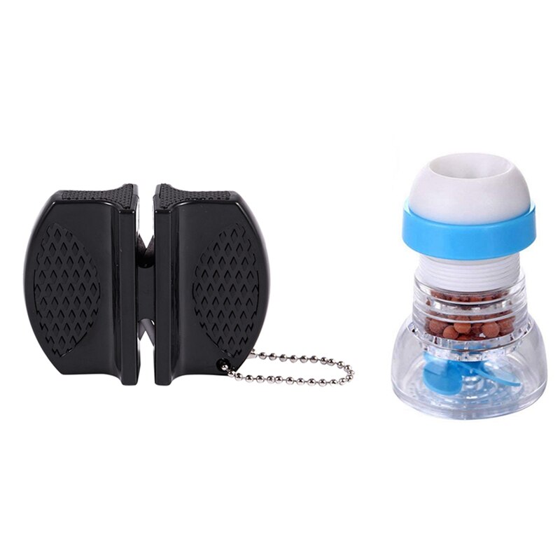 1 Pcs Two-Step Knife Sharpener Black & 1 Pcs Faucet Water Filter Scalable Stone Faucet Water Filter System Blue