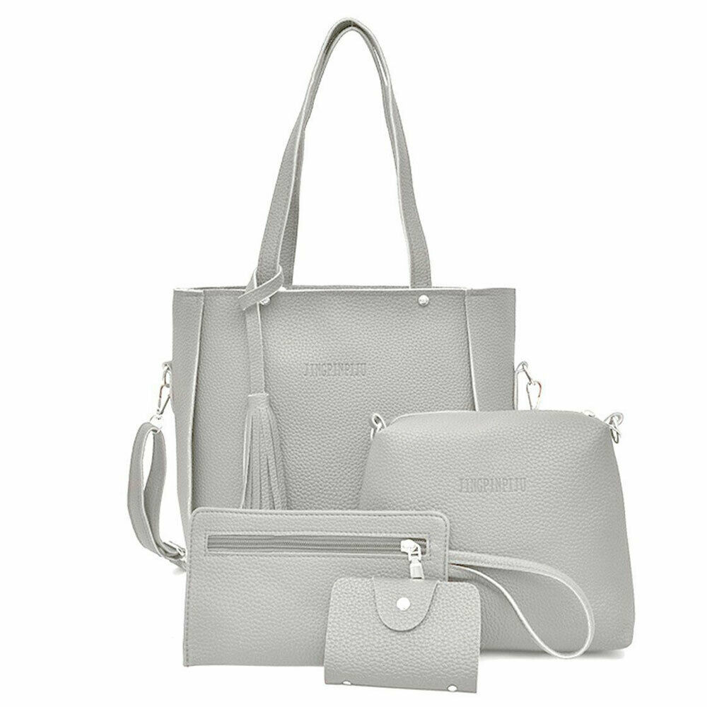 4Pcs Set Women Lychee Pattern Mother-child Four-piece Handbag Messenger Bag Wild Mini Bucket Tassel Single Shoulder: Gray