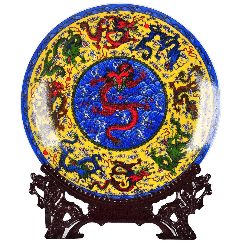 Fengshui Art Keramische Sier Plaat Oude Chinese Negen Draken Decoratie Hout Base Porselein Traditionele Chinese Plaat Set