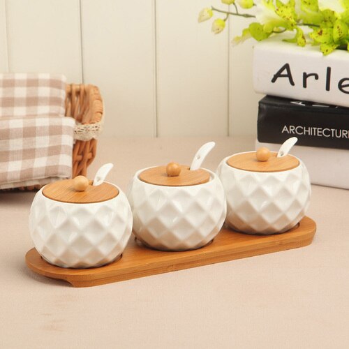Korean Style Ceramic Condiment Jars Set with Bamboo Lids Tray Porcelain Spice Containers Salt Pepper Sugar Organizer: 3-piece set
