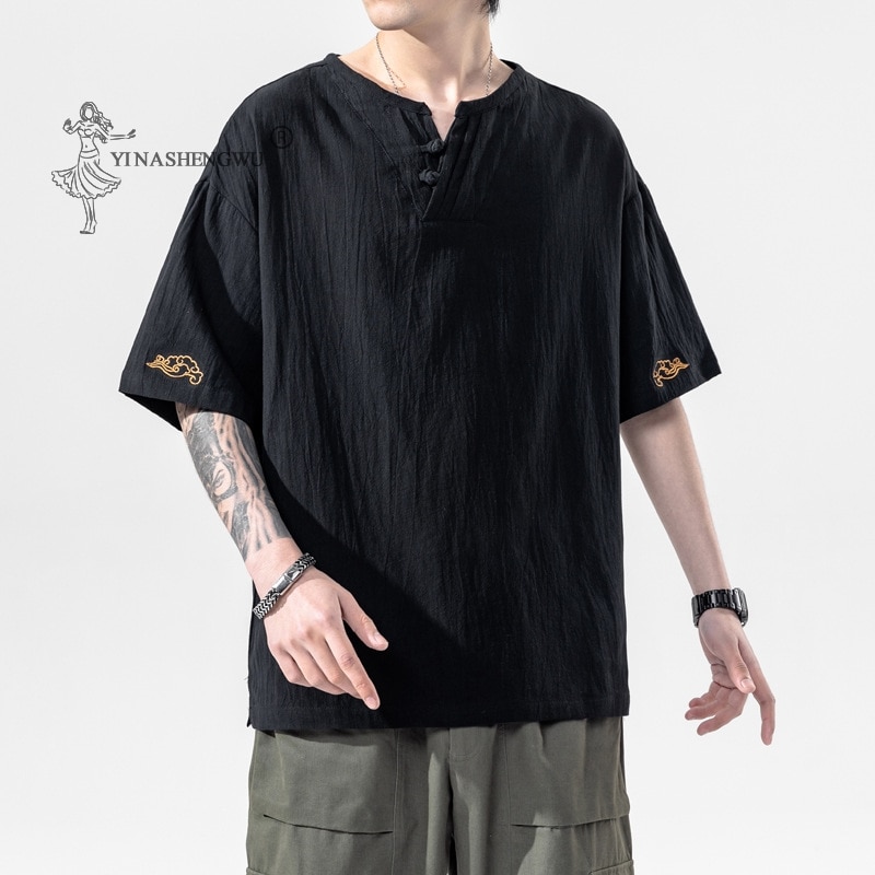 Japanse Kimono Korte Mouwen T-shirt Geborduurd Harajuku Yukata Japan Zomer Mannelijke Linnen Mannen Shirts Broek Aziatische Kostuum