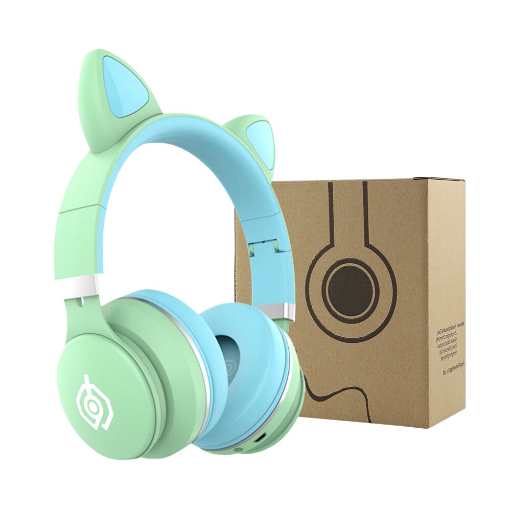 Auriculares Oreja de Gato LED con cancelación de ruido para niños y jóvenes, cascos con Bluetooth 5,0, soporte para tarjeta TF, enchufe de 3,5mm con micrófono: Cat Mint Green