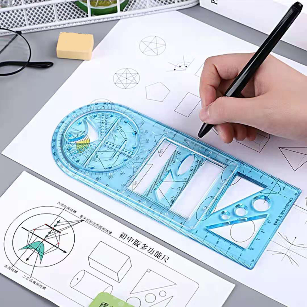 Regla geométrica multifuncional, herramienta de medición de plantilla de dibujo geométrico para suministros de oficina y escuela, NIN668: Azul