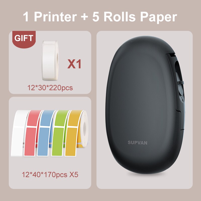 Supvan E10 Black Labeler with Paper Bluetooth Thermal Printer Labeling Machine Mini Sticker Printers Wireless Smart Label Maker: E10Black10