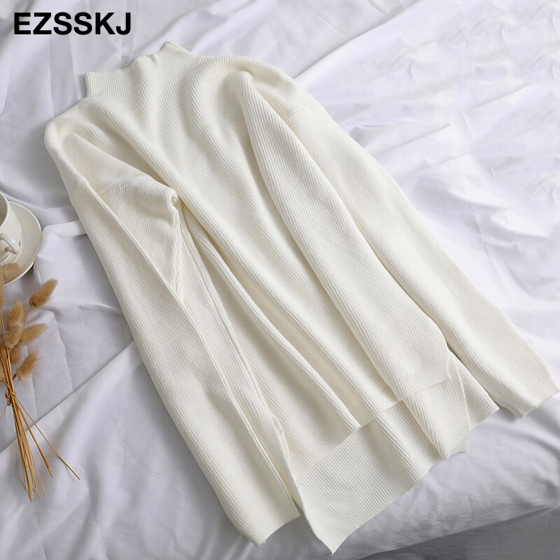 Pull ample femmes pull décontracté col roulé à manches longues chic surdimensionné tricot pull femme pulls fendu côté haut: WHITE