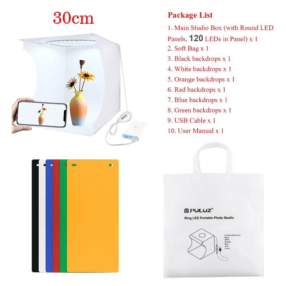 PULUZ Photography Lightbox Foldable Photo Round LED Lamp Studio Box Photo Shooting Tent Kit With 6 Color Backdrops: PU5030  30cm