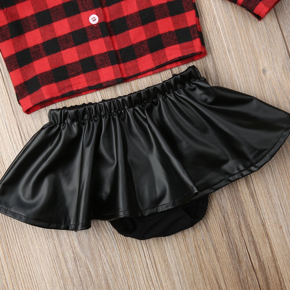 Spædbarn baby pige juletøj sæt plaid knude skjorter+læder nederdel shorts 2 stk baby pige efterårs outfits 0-24m