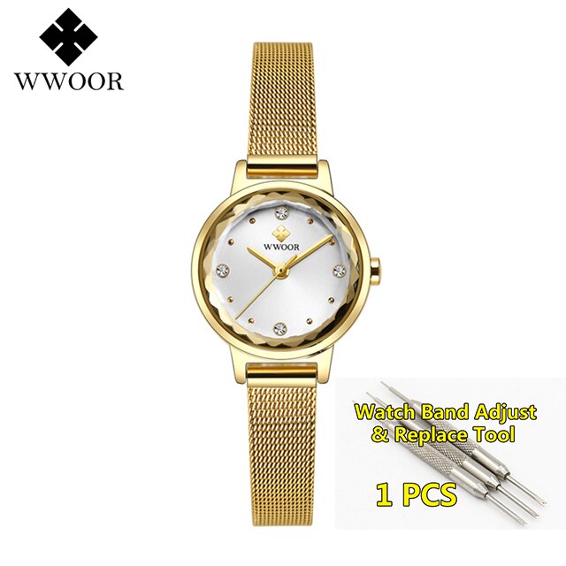 Armbinde Uhren Frauen Luxus WWOOR oben Wasserdichte Stahl Gurt Kristall Damen Handgelenk Uhren Relogio Feminino: Gold Weiß