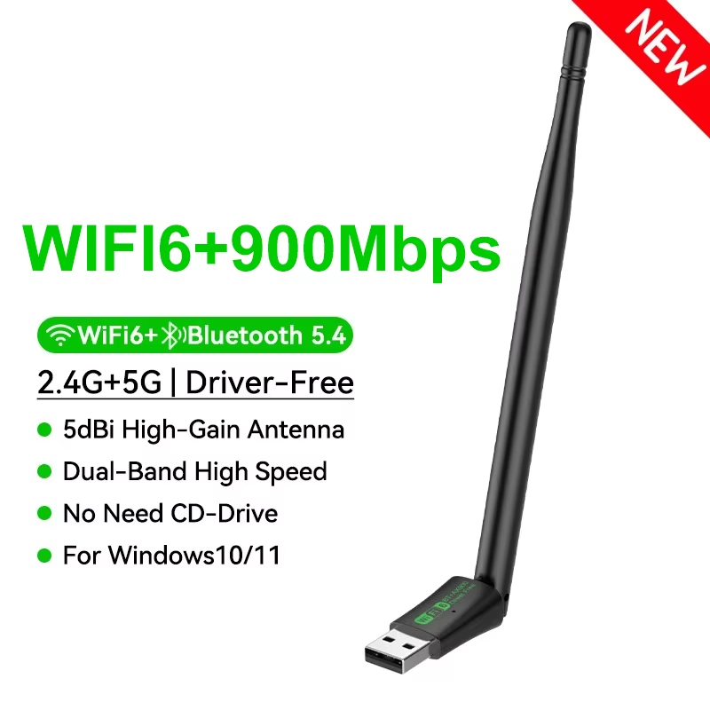 1300 Mbit/s WiFi-USB-Adapter WiFi6 Bluetooth 5.4 Dualband-Netzwerkkarte 2,4 G + 5,8 GHz 4 Antennen USB-Funkempfänger für PC/Laptop: Black