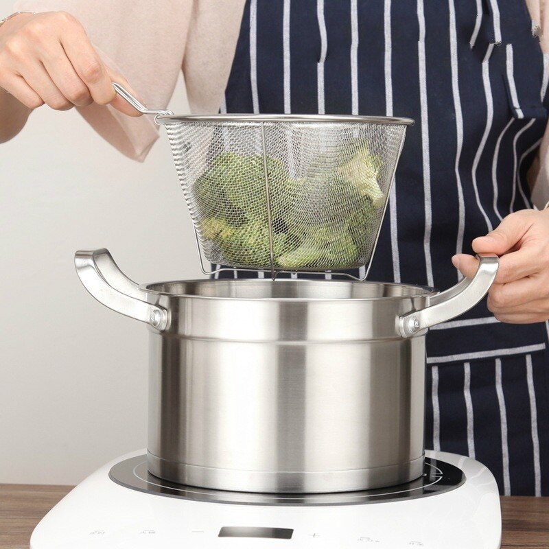 Frying Cooking Tools Stainless Steel Folding Deep Fried Basket Frying Pan Filter Food Colander. Oil Leak. Cocoa Sieve MJ80303