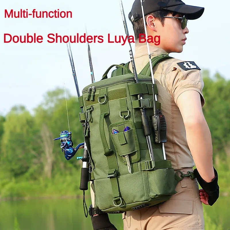 Mochila de pesca multifuncional para hombre, bolso de hombro de almacenamiento de caña de gran capacidad, bolsa de almacenamiento para equipo de peces para deportes al aire libre