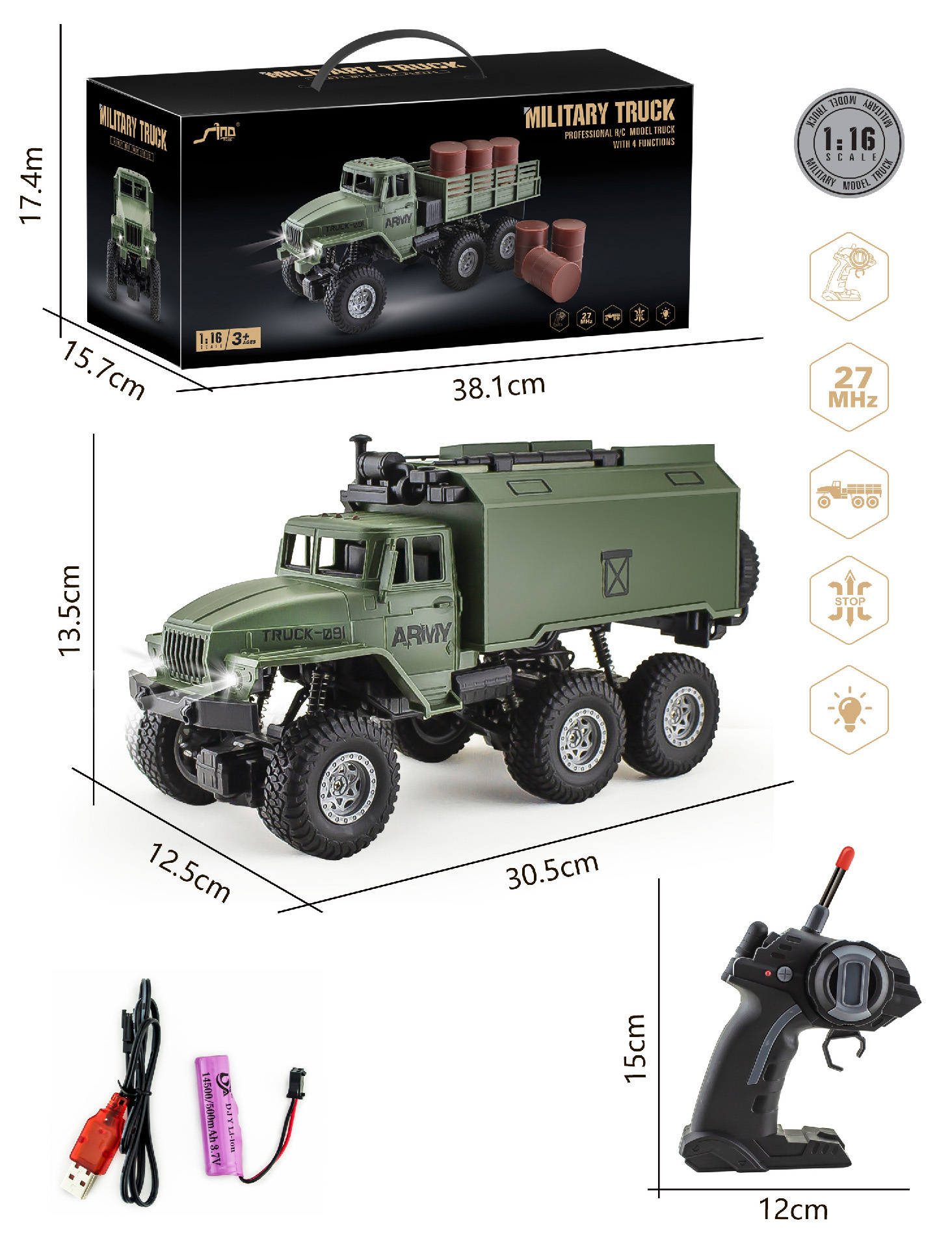 Camion militaire RC 6x6, voiture télécommandée sur route, échelle 1/16, camion télécommandé 4WD, véhicule de Transport de l'armée de roche tout Terrain, jouet Ve: green