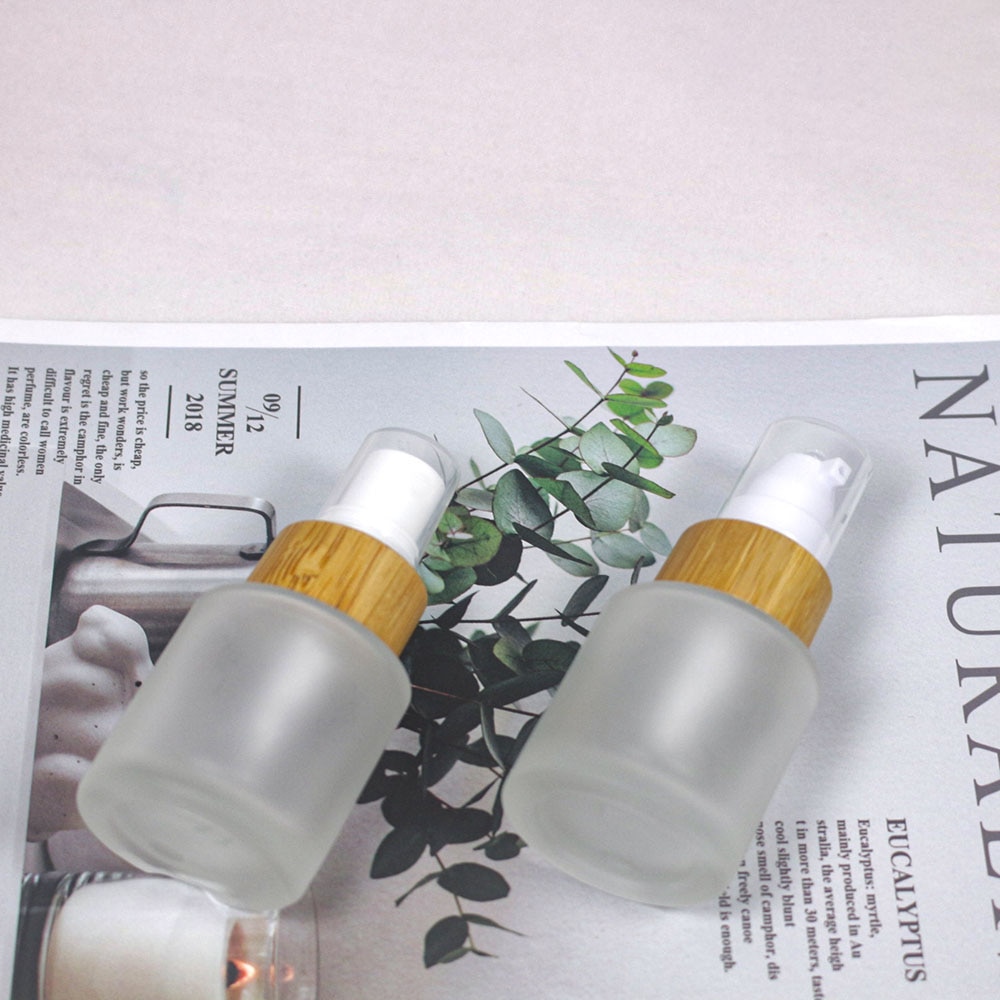 20ml gennemsigtige matteret glas lotion pumpe flaske kosmetisk naturligt træ bambus hætte spray emballage beholder