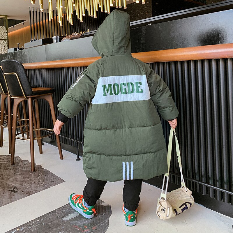 Inverno longo menino jaqueta quente preto verde acolchoado grande bolso com capuz para baixo acolchoado jaqueta crianças lazer à prova de vento juventude jaqueta neve