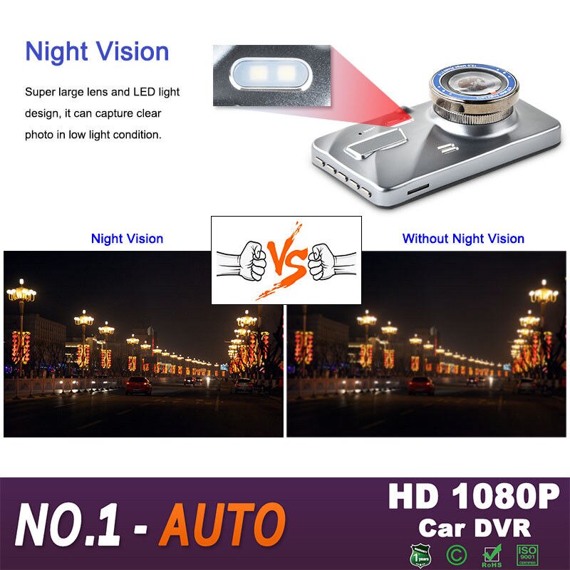 Dash Cam Dual Lens Car DVR Camera Full HD 1080P 4" IPS Front+Rear Blue Mirror Night Vision Video Recorder Parking Monitor