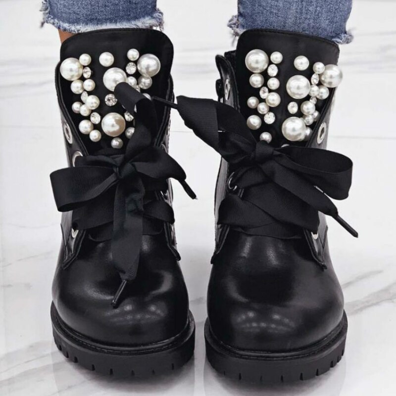 Bottes noires pour femmes, bottines de moto, motard, plate-forme en perles, talon épais, bout rond, fermeture éclair, croisées, pour dames, chaussures décontractées faites main,
