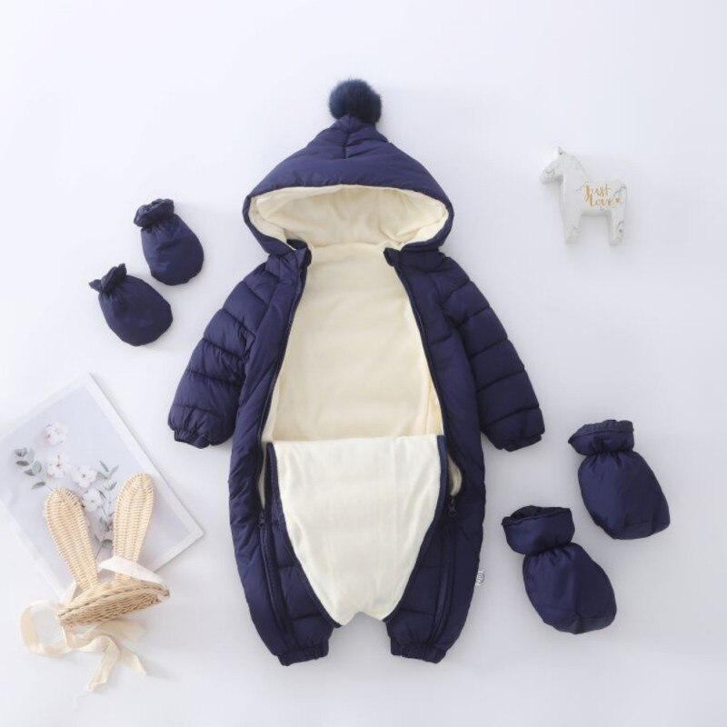Jlong bebê meninas meninos snowsuit pompom com capuz quente macacão footies + luvas + sapatos 0-24m infantil zíper uma peça