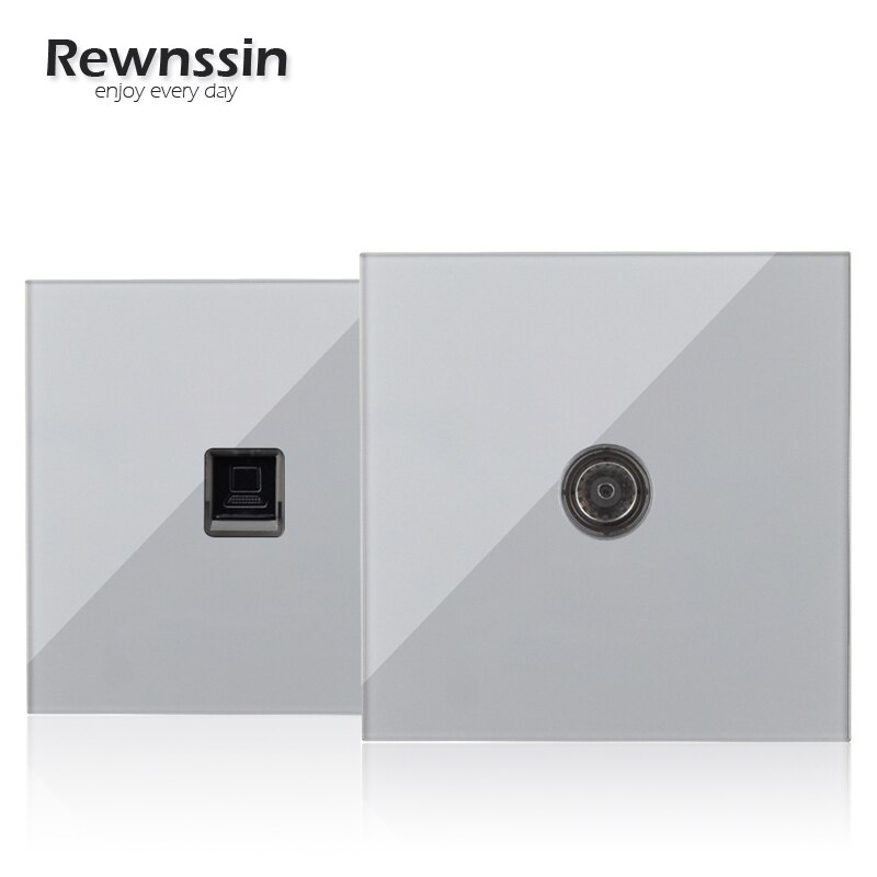 Wall Socket Internet Socket PC Data Female Dual Socket Telephone RJ45 Network Port Data TV Socket Silver Crystal Glass Panel