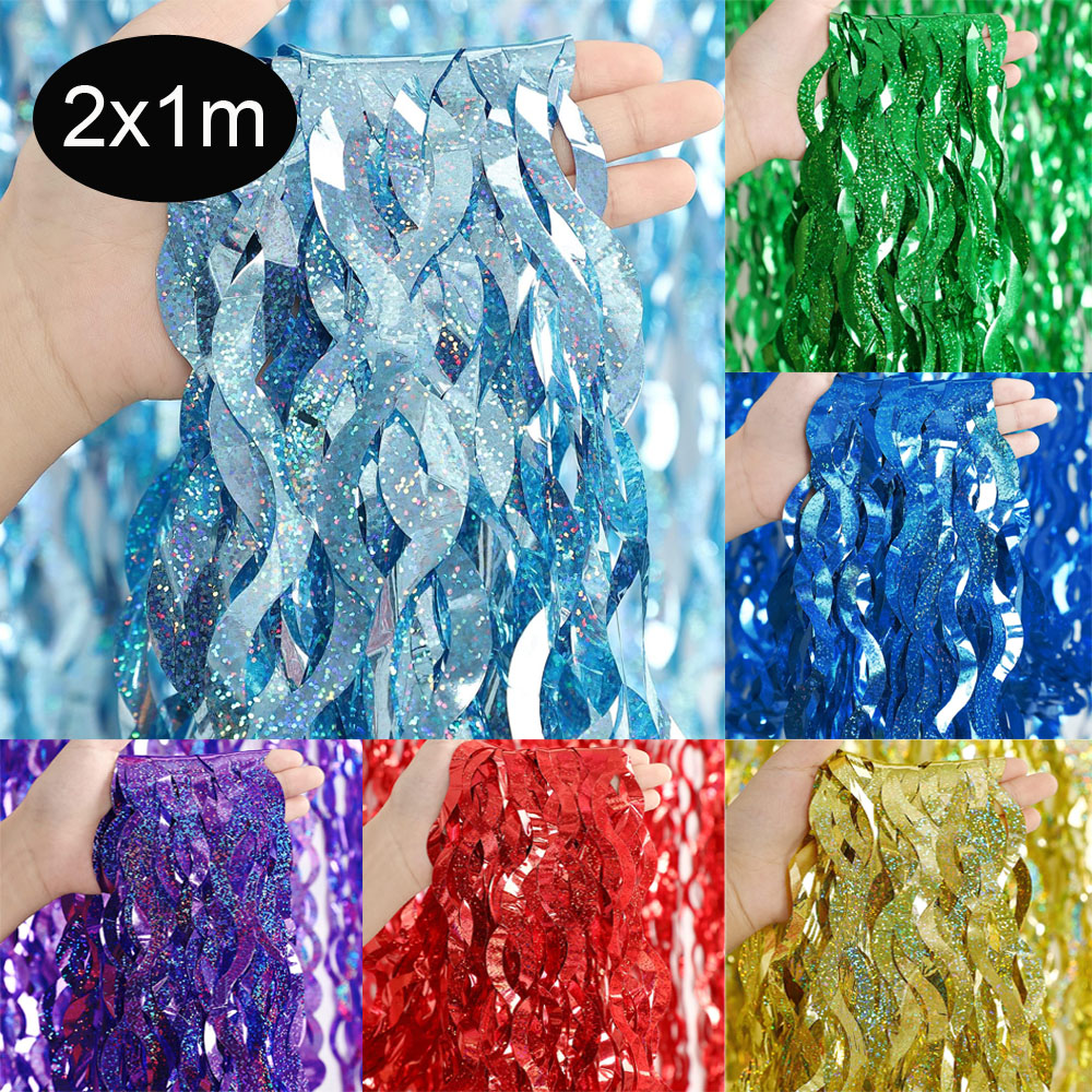 Cortinas con flecos de lámina de oropel brillante, telón de fondo con flecos de lámina de Metal azul y morado, cortinas de pared para Baby Shower, telón de fondo de de sirena