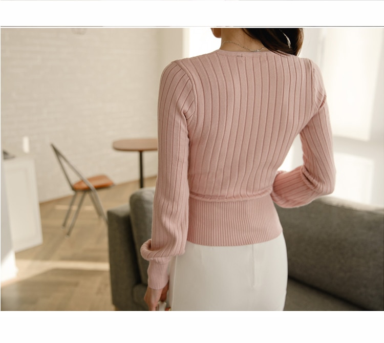 Lyserød v-hals lanterne ærme snørebånd wrap sweater kvinder forår efterår sort ol cardigan strikket jumper damer toppe