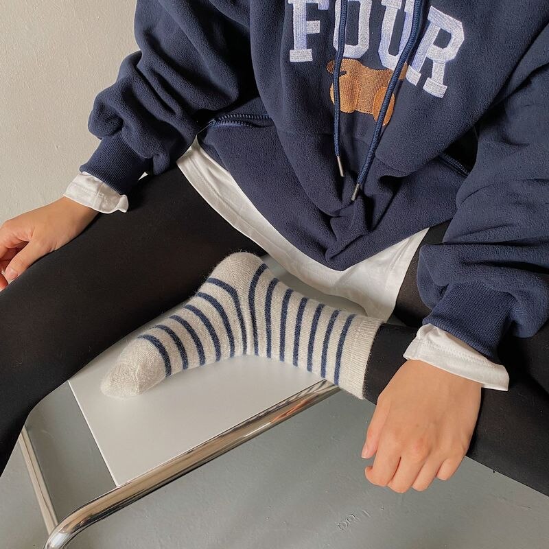 Chaussettes en poils de lapin pour femmes, décontractées à rayures, longues en laine de cachemire, hiver, épaisses et chaudes, Streetwear, chaussettes thermiques d&#39;équipage, , 20%