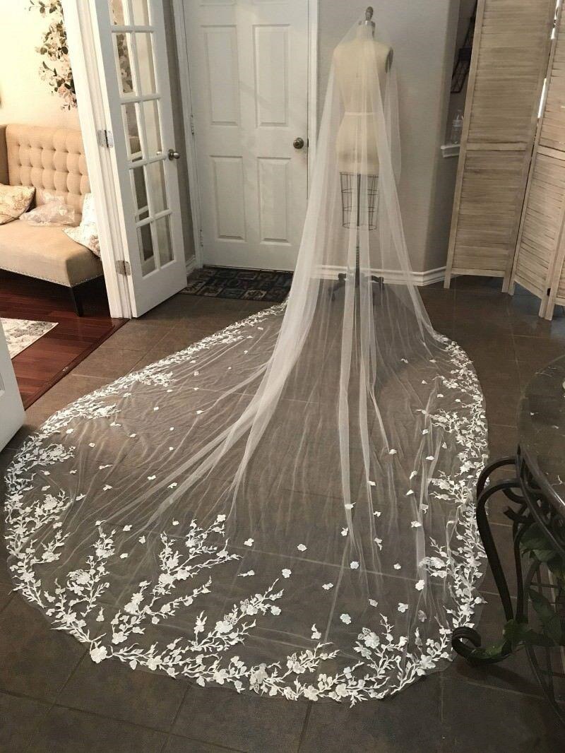 Long Bridal Veils Cathedral Wedding Veil Lace Flowers Appliqued Edge Luxurious Wedding Veils White Ivory licras d mujer blanca