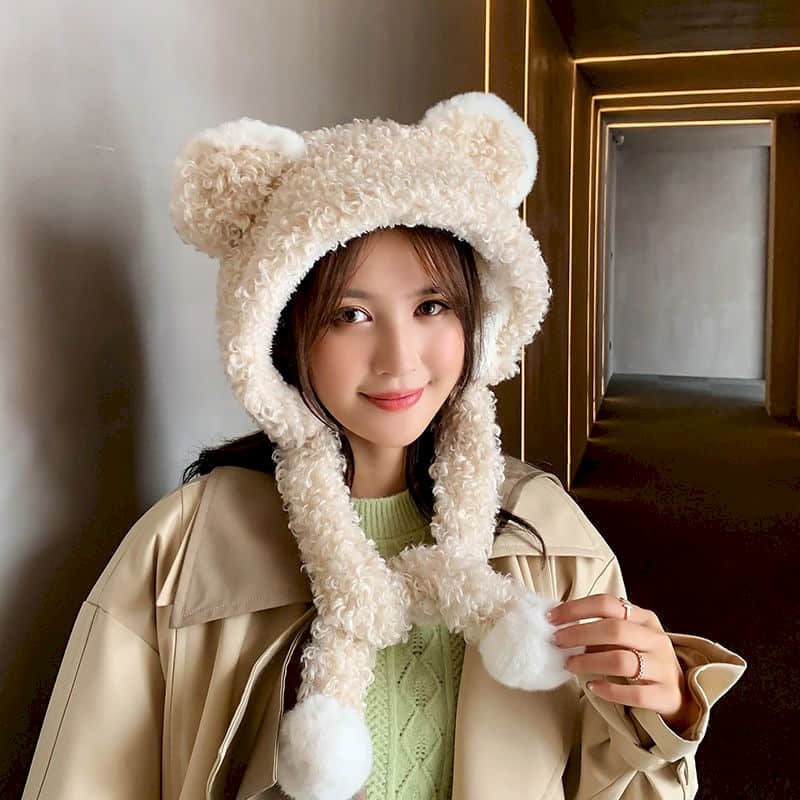 Female hat wild winter warm round face big face thinner hat scarf one Sweet and cute kawaii Bear ears Plush ball Matte: Beige 01