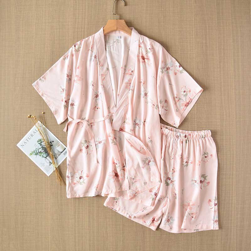Zomer Japanse Stijl V-hals Pyjama Set Comfort Gaas Katoen Korte Mouw + Shorts 2 Stuks Homewear Vrouwen Zoete casual Wear: pink floral / L