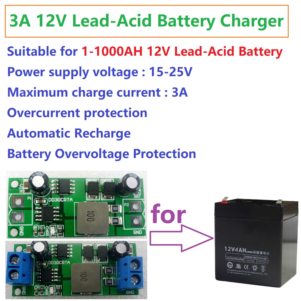 Cargador de batería de plomo-ácido de 1-1000AH, 3A, 12V, entrada de 15-28V, sobrecarga de 14,8 V, carga flotante de 13,55 V para carga de energía Solar de coche UPS