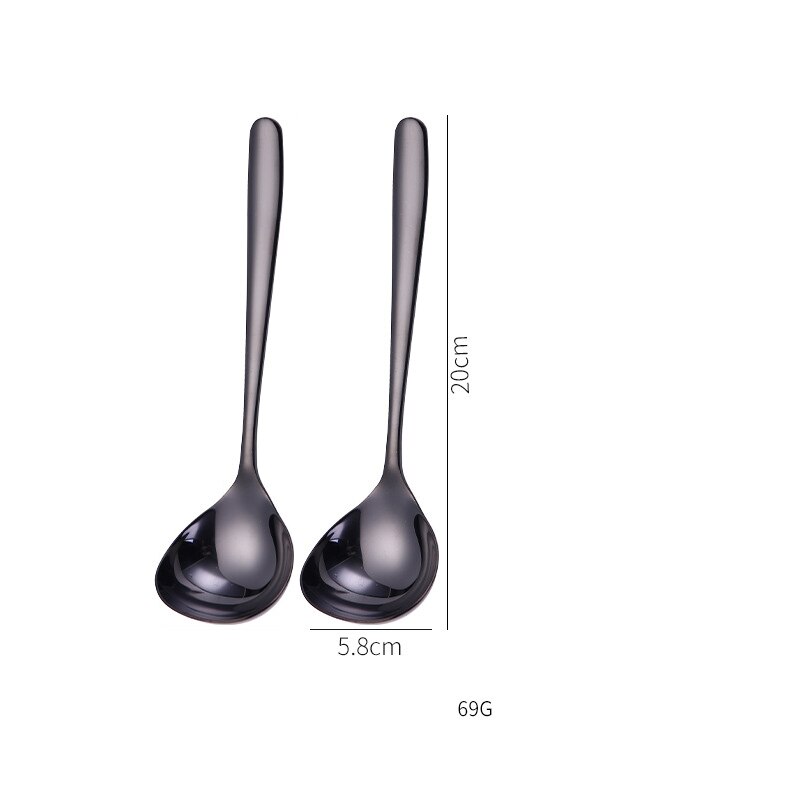 2pcs set, colorful stainless steel soup spoon for dinner serving, long handle ladle, korean noodle spoon, kitchen spoon cooking: Black 2pcs