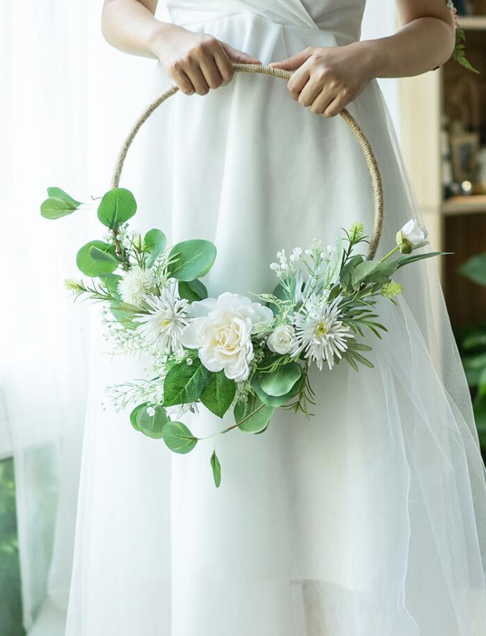 Janevini rose articielle hvid bryllupsbuket grøn brudepige blomst brud håndkrans kunstig brudebuket mariage blanc: Krans
