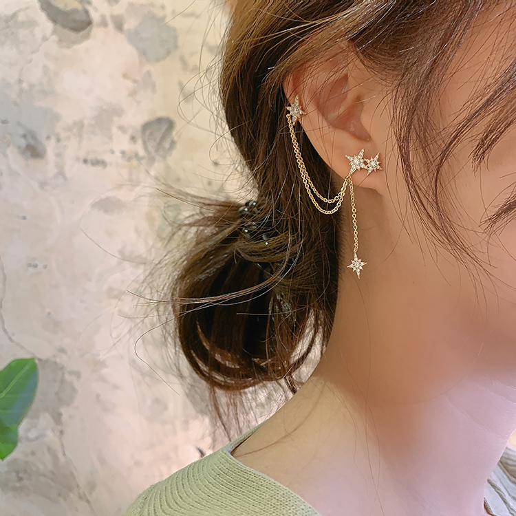 Koreanische Achteckigen Stern Quaste Ohrring für Frauen Ohr Manschetten Kühlen Schmuck Kette Jahrgang Kristall Ohrringe Geburtstag Party