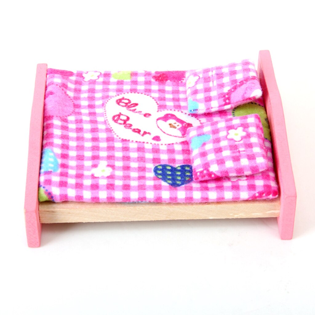 1:12 Scale Wooden Dollhouse Furniture Bedroom Bed Pillow Wardrobe Bedside Set Pink House Dolls Accs Kids Pretend Play Toys