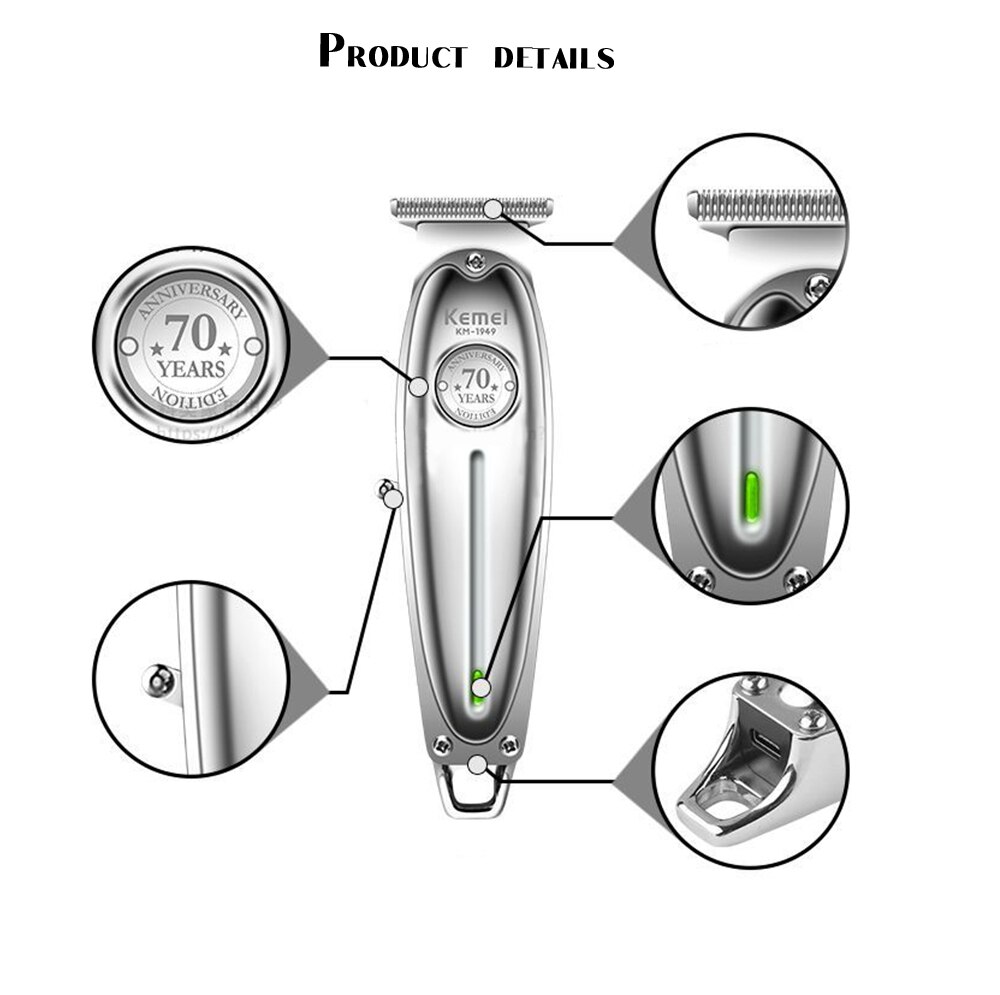 Kemei 1949 Hair Clipper All Metal Men Electric Cordless Hair Trimmer 0mm Baldheaded T Blade Finish Haircut Machine