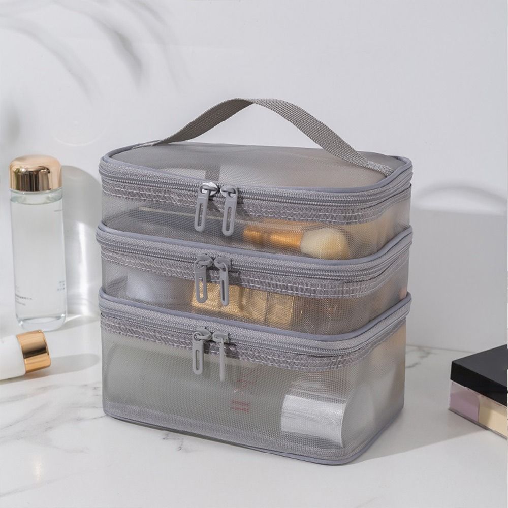 Women's Transparent Mesh Travel Cosmetic Bag Makeup and Toiletries Kit Storage Bag Make Up Organizer Bag: Brown