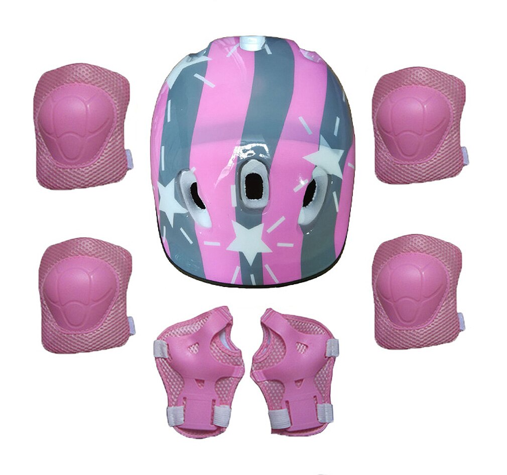 7 st/set barnscooter cykelhjälm knäskydd armbågsskydd och handledsstöd: 2 randiga rosa