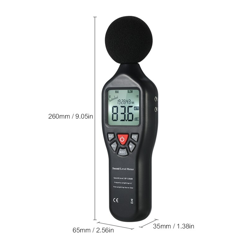 30-130Db Lcd Sound Level Decibel Meter Logger Tester Noise Measurement Time Display Auto Off Setup with Data Logging Function
